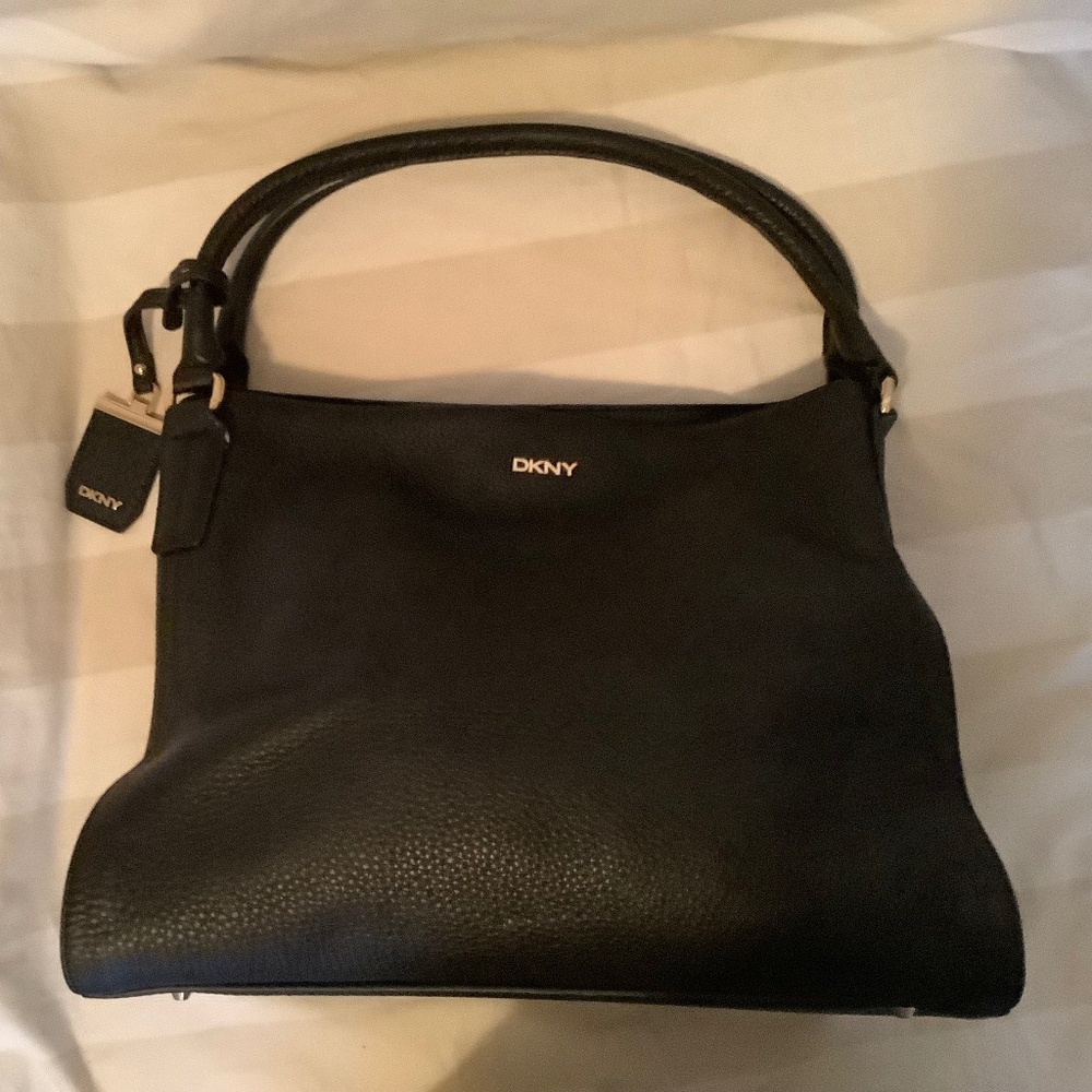 DKNY Black Pebbled Leather Top-Handle Shoulder Bag with Gold Hardware